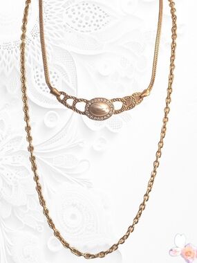 Princess House Choker Necklace Oval Pearl & Rhinestone + 24" Gold Link Chain